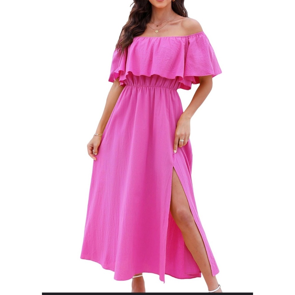 CUPSHE Pink Off The Shoulder Ruffle Maxi Dress‎ Slit Beach Vacation Size L